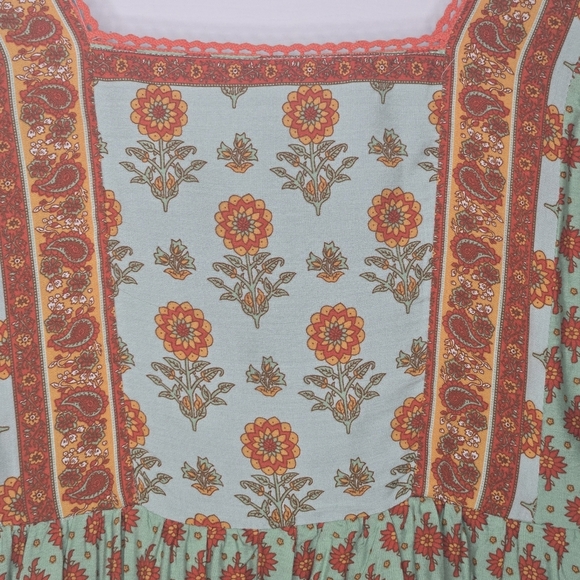 In Loom Boho Contrast Square Neck Mix Print Lace Trim Peasant Maxi Dress Medium - Picture 2 of 11